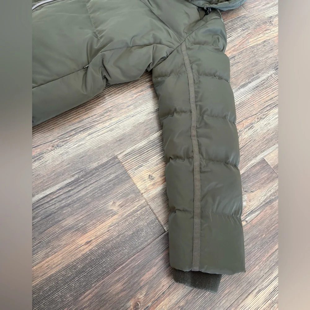 Lands’ End Hooded Quilted Down Puffer Jacket XL Olive Green 38” Long Two-Way Zip - Picture 11 of 14